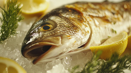 A beautifully presented fresh fish on ice, garnished with lemon slices and herbs. Perfect for seafood lovers and culinary enthusiasts alike.の素材