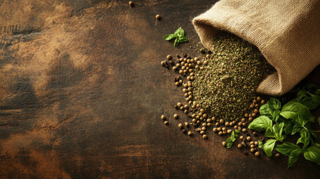 A burlap bag spills a blend of aromatic spices and fresh herbs on a rustic wooden table, showcasing vibrant colors and textures ideal for culinary use.の素材