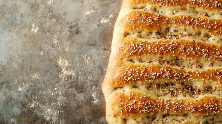 A beautifully baked loaf of bread topped with seasonings, showcasing a golden crust. Perfect for food photography or culinary presentations.の素材