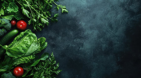 A vibrant arrangement of fresh green vegetables including tomatoes, cucumbers, and broccoli on a dark background, perfect for wellness and culinary themes.の素材