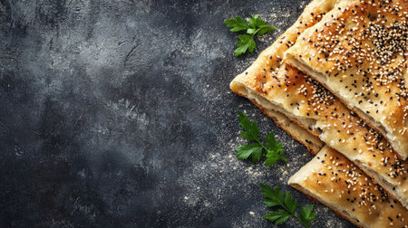 Freshly baked bread sprinkled with sesame seeds, accompanied by fresh herbs. Ideal for culinary presentations, recipes, or food photography projects.の素材