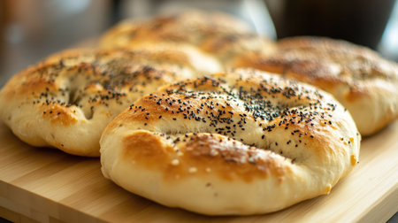 This image showcases freshly baked bread rolls, topped with herbs and seeds. Their golden crust and soft interior make them perfect for any meal or snack.の素材