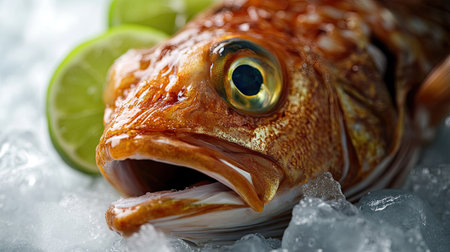 A vibrant closeup of a fresh fish on ice, garnished with lime slices. This visually appealing image captures the textures and colors, perfect for culinary use.の素材