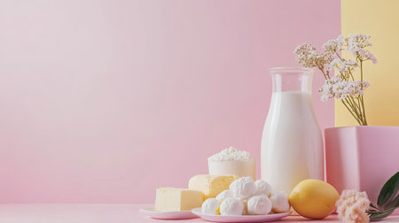 A beautiful arrangement of fresh dairy products, including milk, cheese, and lemon, set against a soft pastel pink background, perfect for culinary inspiration.の素材