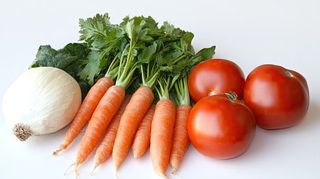 A vibrant arrangement of fresh vegetables including carrots, tomatoes, onion, and celery, perfect for healthy cooking and colorful dishes. Ideal for food photography.の素材