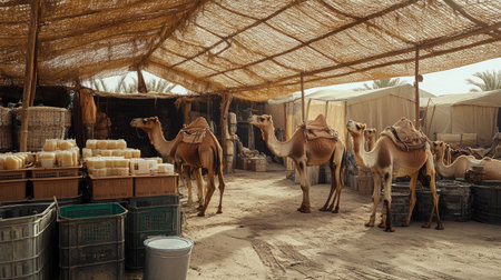 Explore a bustling camel market set under a tent in a desert landscape. This scene captures the essence of traditional trade and vibrant desert life.の素材