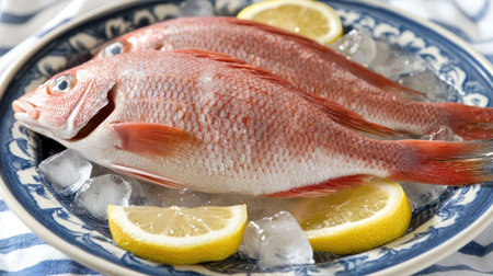 A vibrant display of fresh redfish presented on ice with lemon slices. Perfect for culinary photography or showcasing seafood in a restaurant setting.の素材