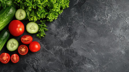 A vibrant arrangement of fresh vegetables including cucumbers, lettuce, and tomatoes on a dark textured background, perfect for healthy cooking and meal preparation.の素材