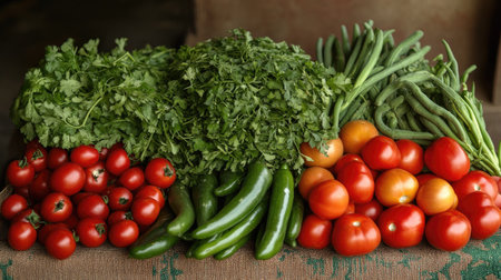 A vibrant arrangement of fresh vegetables including tomatoes, green beans, cilantro, and peppers on a rustic surface, perfect for healthy meals.の素材