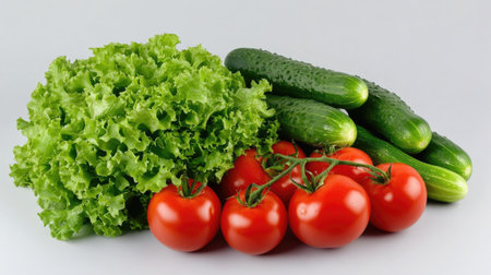 A colorful arrangement of fresh vegetables including lettuce, tomatoes, and cucumbers, perfect for healthy meals, salads, and nutritious snacks.の素材