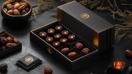 A visually stunning assortment of gourmet dates presented in an elegant black box, perfect for gifting or as a luxurious treat for any occasion.の素材