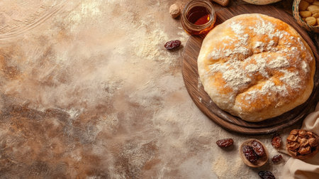 A freshly baked bread loaf sits on a rustic wooden table, surrounded by natural ingredients. The warm tones and textures create a cozy atmosphere perfect for kitchen or bakery themes.の素材