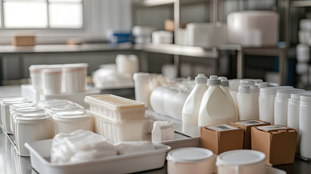 A modern kitchen workspace featuring an array of food storage containers. The image showcases various packaging options, emphasizing cleanliness and organization in food preparation.の素材