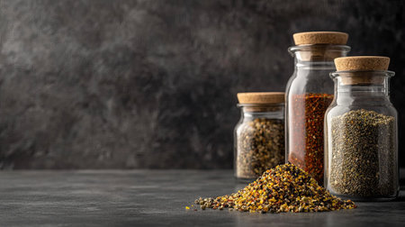 A stunning arrangement of colorful spices in glass jars, showcasing textures and hues that enhance any kitchen or culinary project on a dark background.の素材