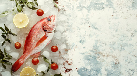 A vibrant red fish displayed on a bed of ice, accompanied by fresh herbs, tomatoes, and lemon slices, perfect for culinary presentations and fish markets.の素材