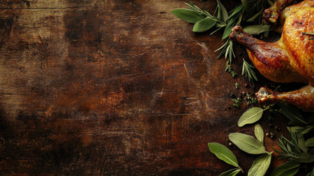 A beautifully roasted chicken rests on a rustic wooden table, surrounded by fresh herbs, creating an inviting atmosphere perfect for dinner gatherings or festive occasions.の素材