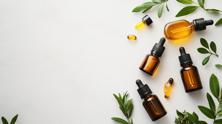 A serene composition featuring various oils in amber bottles surrounded by fresh green leaves, perfect for wellness and beauty themes.の素材