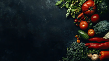 A visually appealing arrangement of fresh vegetables and herbs against a dark background, perfect for culinary and health-related projects.の素材