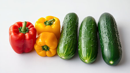 An arrangement of vibrant red and yellow peppers alongside fresh cucumbers on a clean white surface, perfect for promoting healthy eating and fresh ingredients.の素材