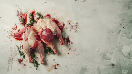 A striking composition of raw chicken placed on a rustic surface, surrounded by fresh herbs. Ideal for culinary and cooking themes, showcasing freshness and quality.の素材