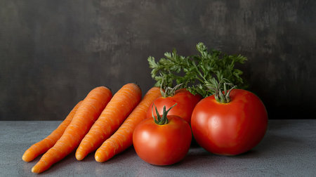 A vibrant arrangement of fresh carrots and tomatoes on a rustic surface, showcasing the beauty of organic vegetables. Ideal for culinary and nutrition themes.の素材