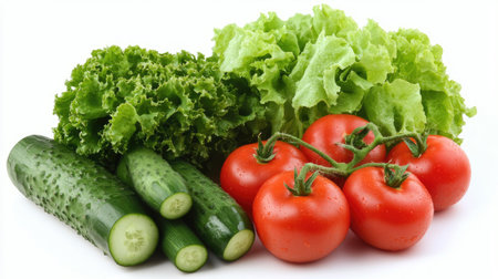 A visually appealing arrangement of fresh cucumbers, vibrant tomatoes, and crisp lettuce perfect for salads, cooking, or healthy snacks. Ideal for food lovers.の素材