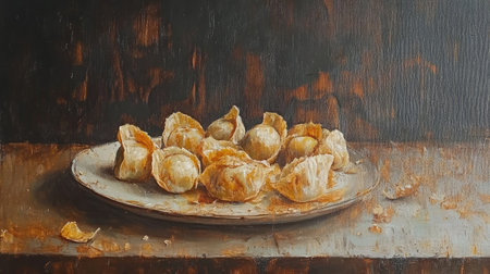 A beautiful composition of golden dumplings arranged on a rustic wooden plate, capturing the essence of comfort food and culinary artistry. Perfect for food lovers.の素材