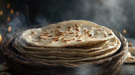 A collection of freshly baked flatbreads stacked in a rustic basket, showcasing warm textures and inviting aromas that enhance any meal experience.の素材