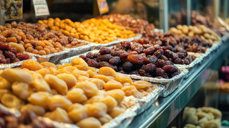 A vibrant display of various dried fruits in a market stall showcasing sweet and healthy options, ideal for snacking or dessert.の素材