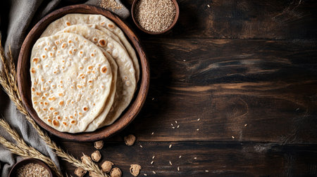 Discover a beautiful composition of freshly baked flatbreads displayed on a rustic wooden table. Ideal for culinary inspirations and food creativity.の素材