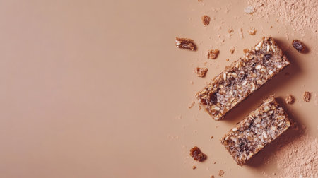 Two delicious granola bars on a minimalist backdrop. Perfect for a nutritious energy boost, these bars combine wholesome ingredients for a satisfying snack.の素材