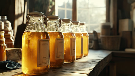 A charming display of vintage jars filled with golden liquid rests on a rustic wooden table, bathed in warm sunlight, creating a serene kitchen atmosphere.の素材