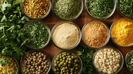 Explore a stunning display of spices and herbs in jars, showcasing vibrant colors and diverse textures. Perfect for culinary enthusiasts and food lovers alike.の素材