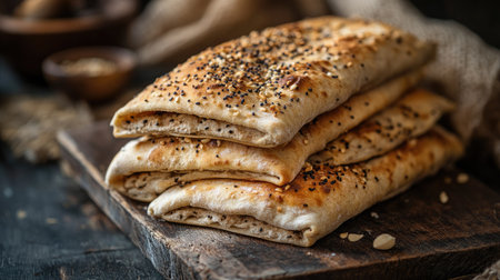 This image showcases freshly baked flatbreads stacked on a rustic wooden board, highlighting their golden crust and sesame topping, perfect for various meals.の素材