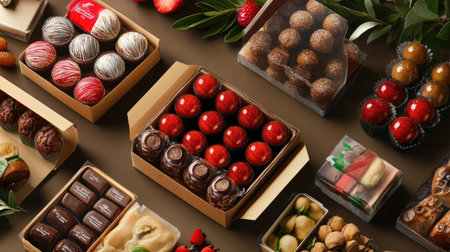 Delight in a beautiful arrangement of gourmet chocolates and sweets. This top view showcases a vibrant selection, ideal for special occasions or gifts.の素材