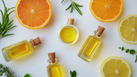 Vibrant arrangement of citrus slices and herbal oils in glass bottles, showcasing fresh ingredients for cooking, wellness, and aromatic experiences.の素材