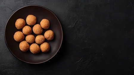 A delightful image of round balls arranged on a dark plate, perfect for showcasing snacks or desserts. Their golden texture contrasts beautifully with the background.の素材