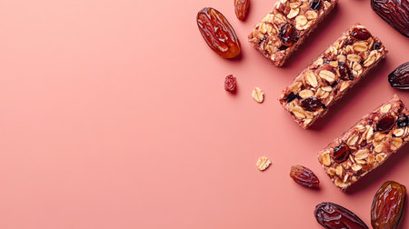 Delight in these healthy snack bars featuring oats, fruit, and nuts on a soft pink backdrop. Perfect for a quick energy boost or a nutritious treat.の素材