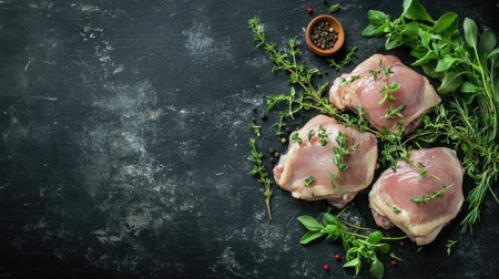 Fresh chicken thighs with a variety of herbs on a dark rustic surface. Perfect for culinary creations, meal preparation, or gourmet dishes.の素材