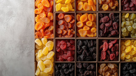 A vibrant arrangement of assorted dried fruits neatly displayed in wooden boxes. Ideal for showcasing healthy snacks or culinary delights in vibrant colors.の素材