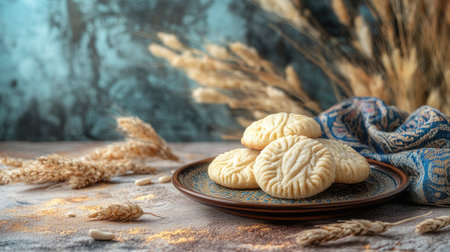 A beautifully arranged plate of traditional cookies on a rustic table, showcasing intricate textures and a harmonious color palette perfect for gourmet photography.の素材