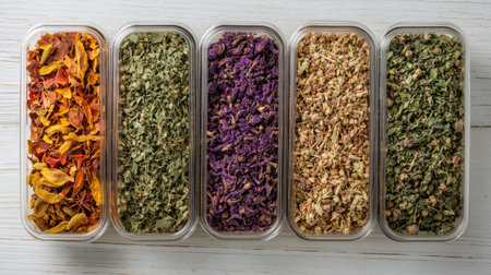 A vibrant assortment of dried herbs and spices showcased in clear containers, ideal for enhancing culinary creations and promoting natural flavors.の素材