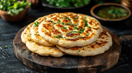 Enjoy a vibrant display of freshly baked flatbreads garnished with herbs, perfect for any meal or snack. A rustic food photography shot on a wooden board.の素材