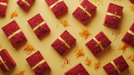A visually appealing arrangement of red gift boxes with ribbons on a vibrant yellow background, perfect for festive occasions and celebrations.の素材