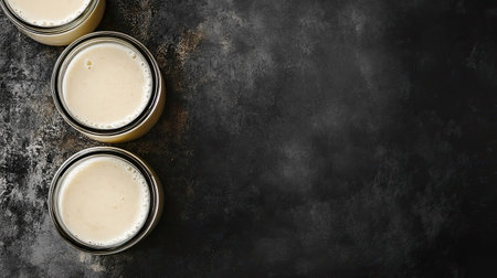 Three glass jars contain creamy drinks with foam on a dark surface, offering a modern and artistic presentation perfect for culinary and beverage photography.の素材