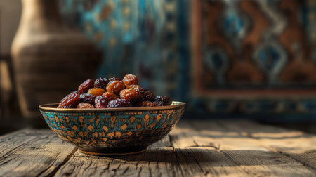 A beautiful traditional bowl filled with assorted dried fruits, showcasing vibrant colors and textures, perfect for highlighting rustic beauty and healthy snacks.の素材