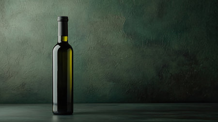 This image features an elegant olive oil bottle set against a rich green backdrop, highlighting the simplicity and beauty of gourmet culinary ingredients.の素材
