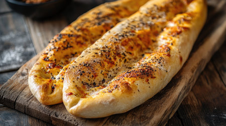 Freshly baked bread showcasing a golden crust and rich toppings, ideal for culinary art and food presentations. Perfect for any meal or snack.の素材