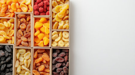 Discover a vibrant assortment of dried fruits displayed in wooden boxes. Perfect for healthy snacks or culinary inspiration, this image showcases nature's sweetness.の素材