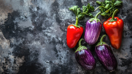 A stunning arrangement of red and purple vegetables on a dark textured surface. Perfect for food-related projects or culinary presentations.の素材